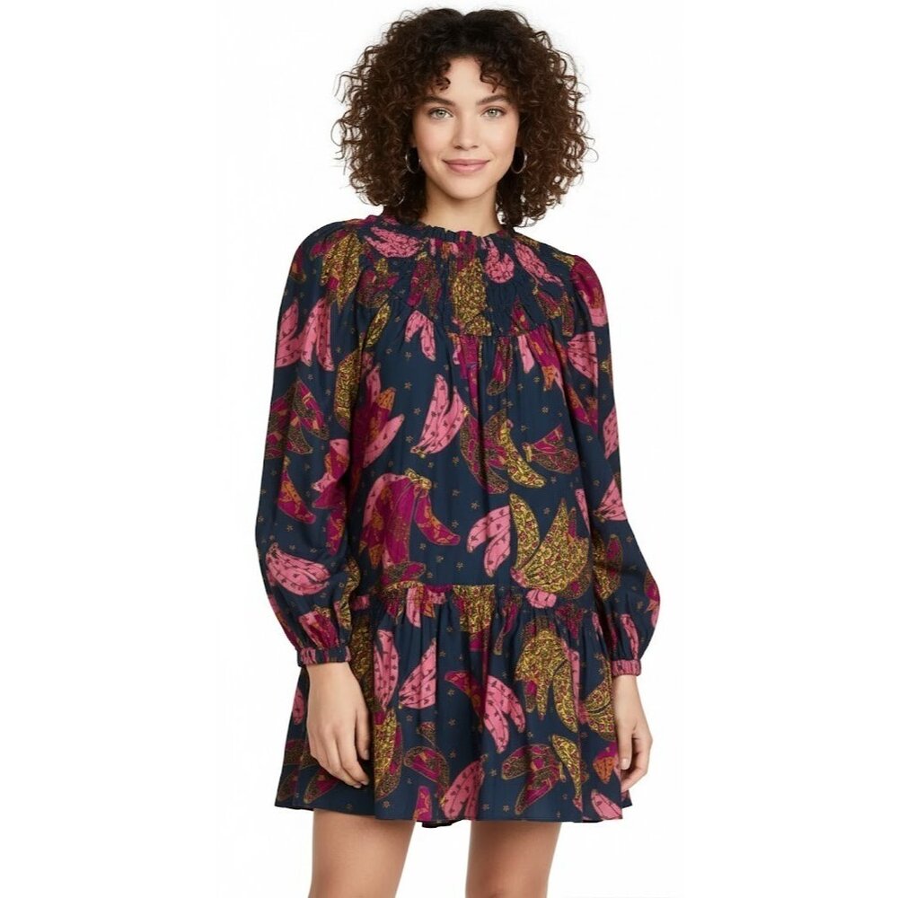 NWT FARM Rio Patchwork Bananas Mini in Navy Cotton Babydoll Dress S $195